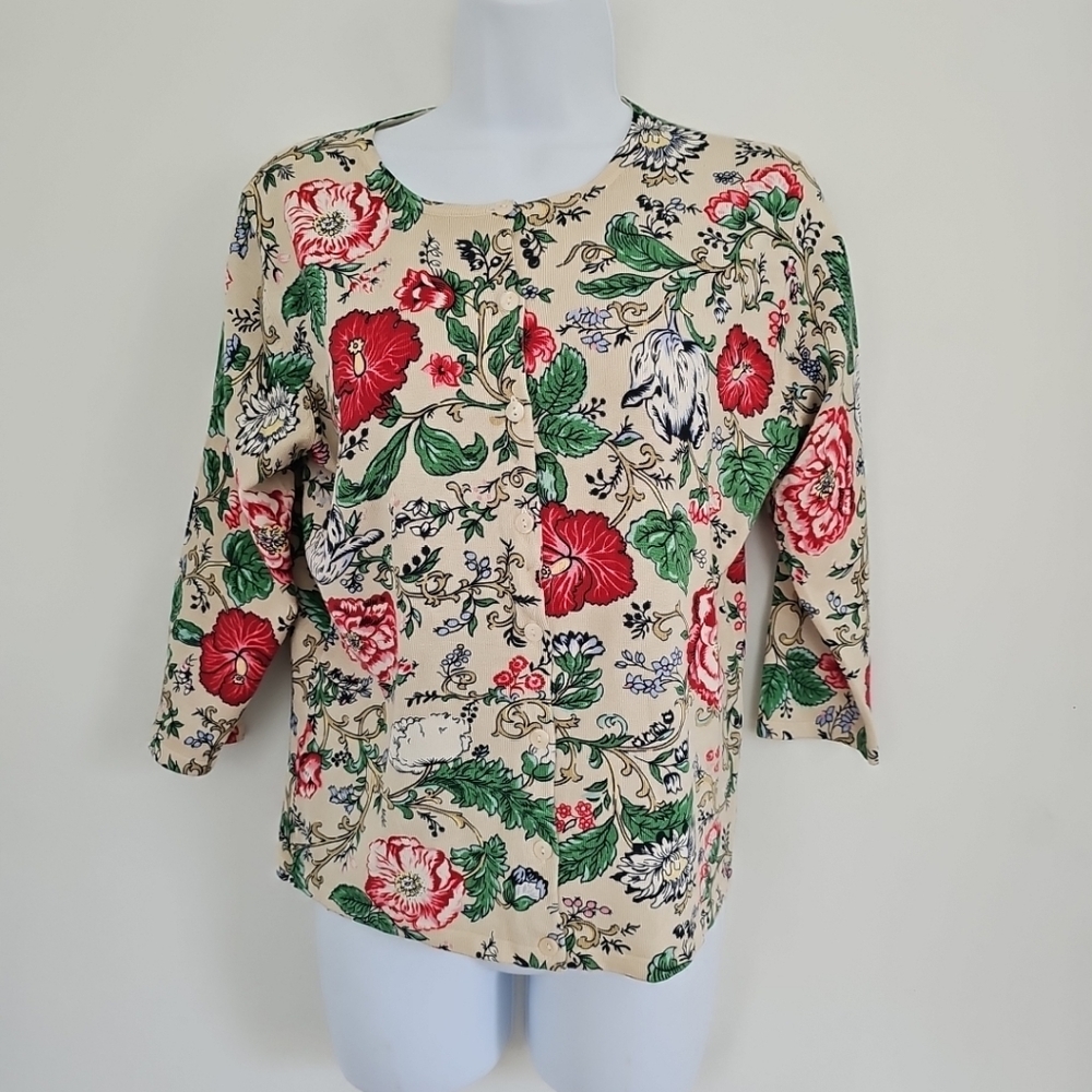 Kate Hill Multicolor Floral SIlk Blend Button Cardigan Sweater Size PM 3/4 slv